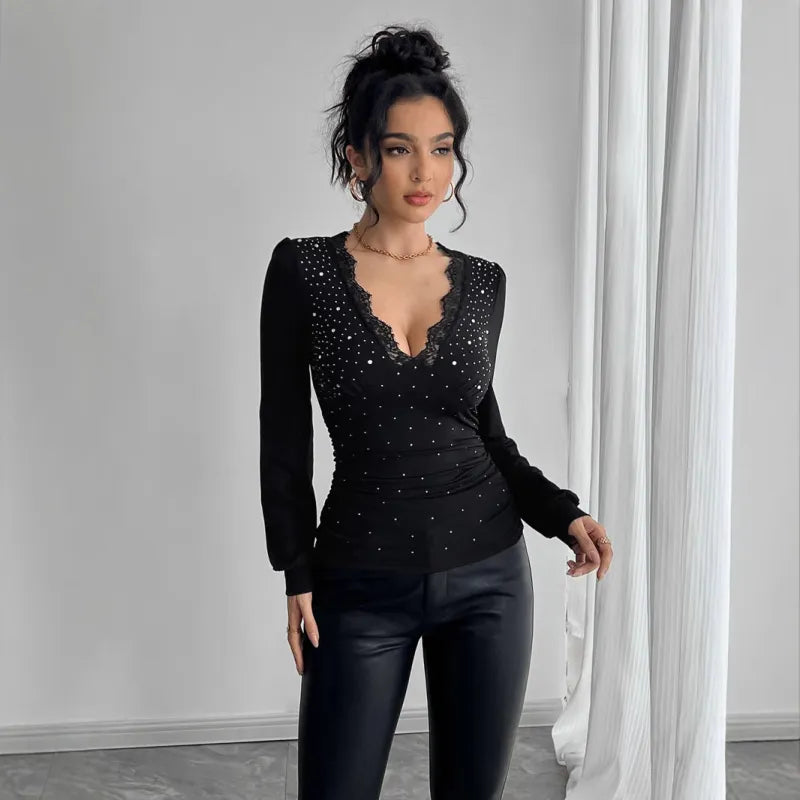 V Neck Blouse In Black WIth Diamonds