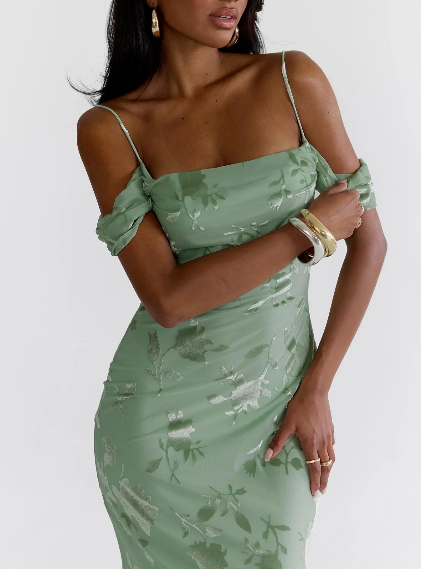 Backless Floral Midi Dress In Green