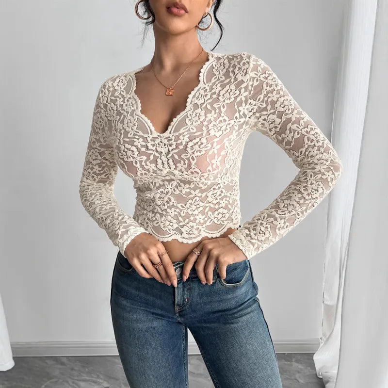 V-Neck Lace Top In Beige