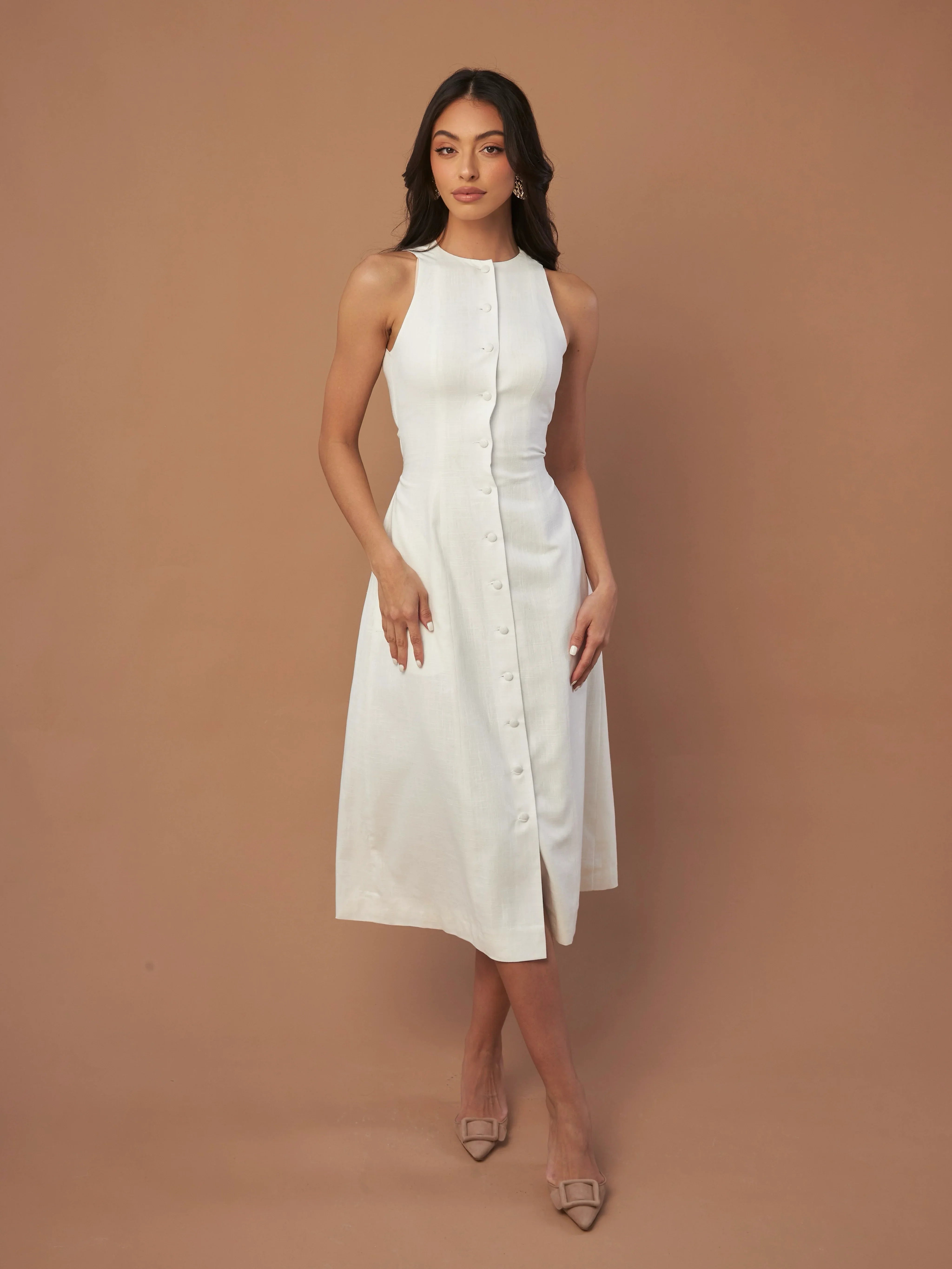 Sleeveless Round Neck Linen White Dress