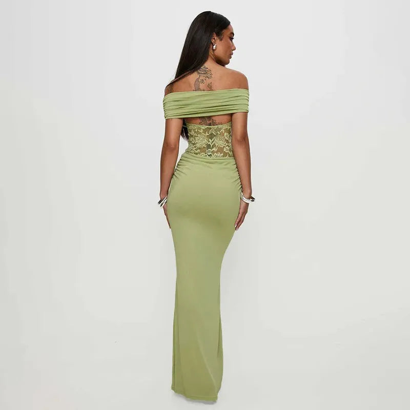 Off Shoulder Slim Maxi Dress With Lace Detail In Green