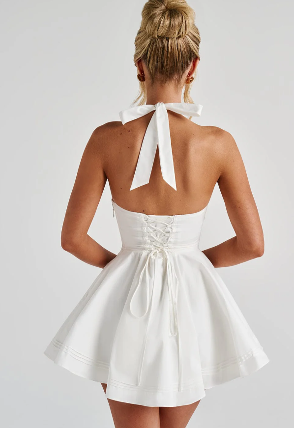 Halter Bow Mini Dress In White