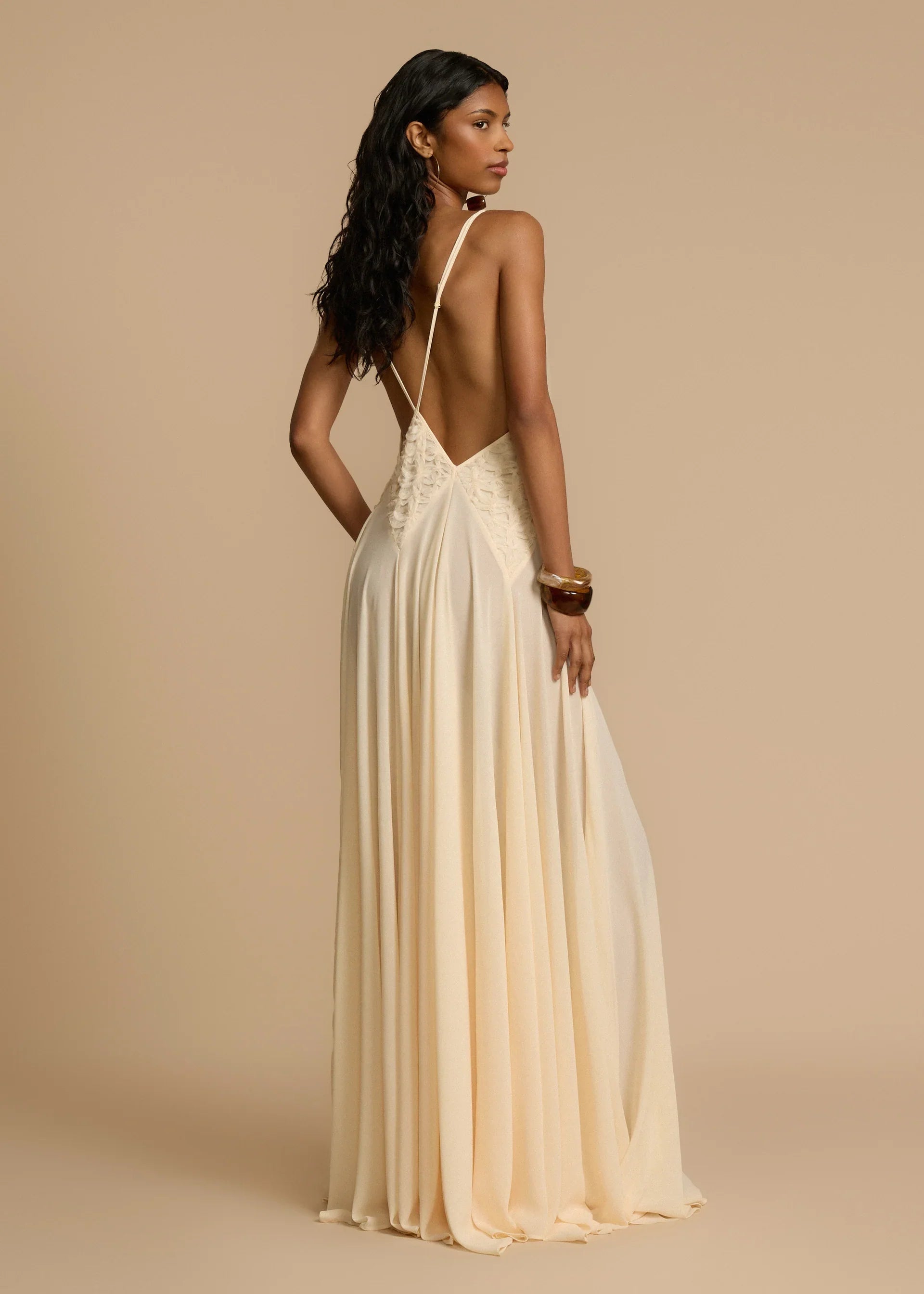 Hollow Out Stitching Lace Sling Color Maxi Dress