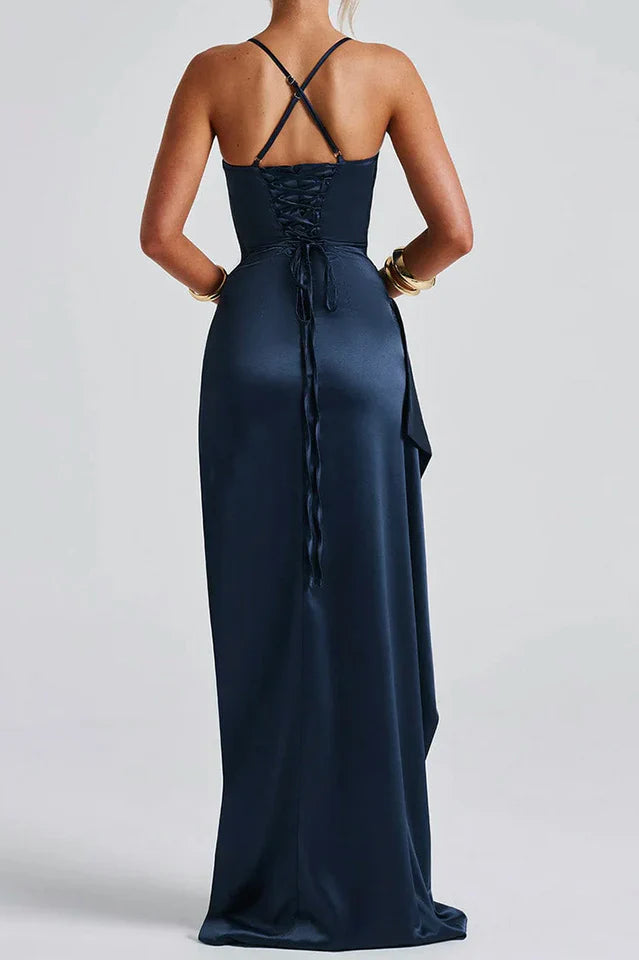 Maxi Satin Dress In Dark Blue With Straps