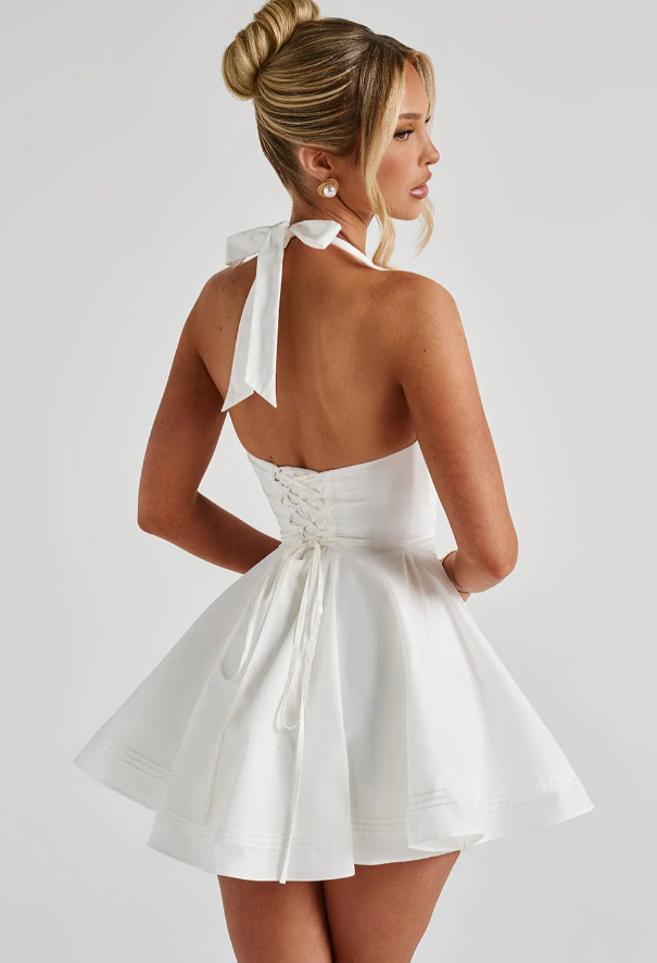 Halter Bow Mini Dress In White