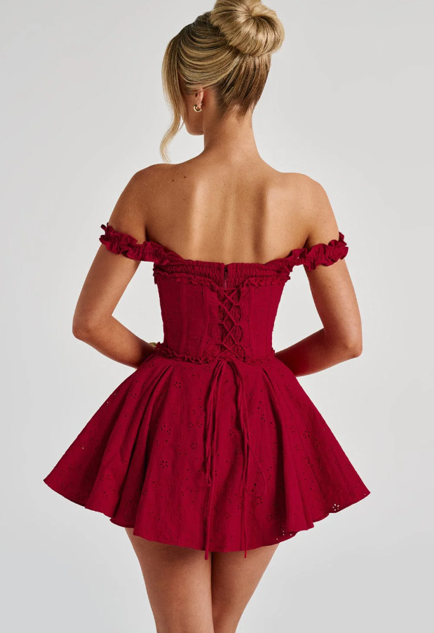 Lace Puff Short Dress In Burgundy Red