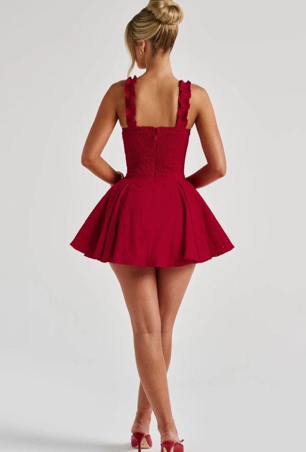 Lace Puff Short Dress In Burgundy Red