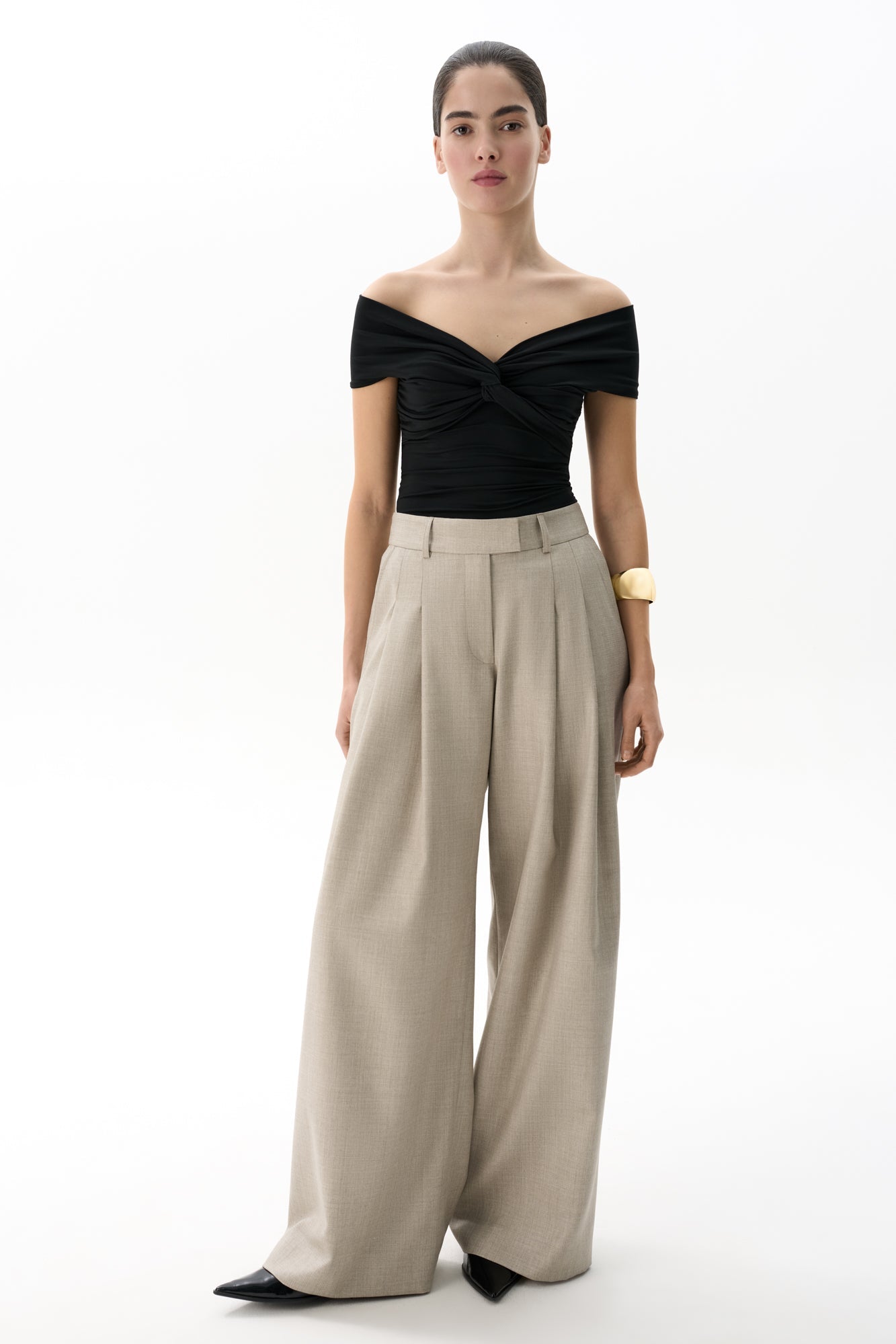 Pleated Off Shoulder Top With Twisted Knot