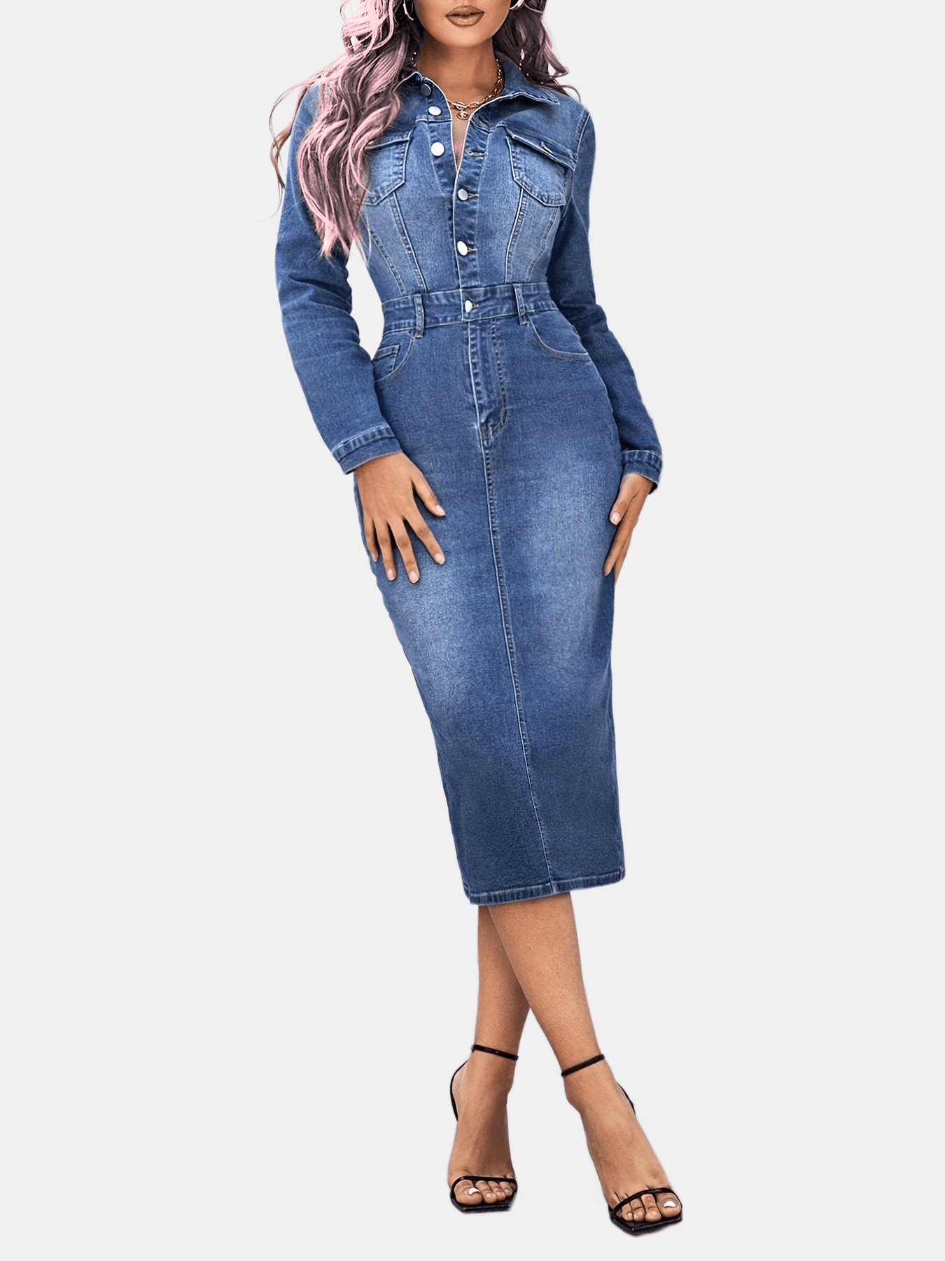 Blue denim dress with long sleeves