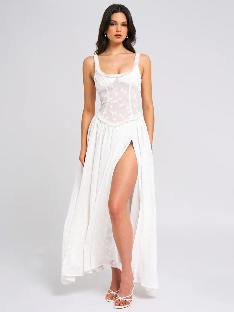 Square Neck Jacquard Textured High Slit Maxi Dress