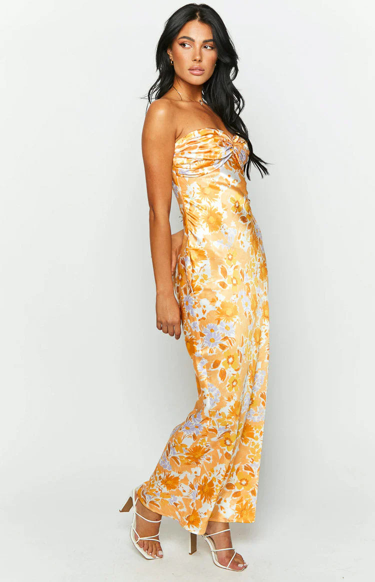 Orange Floral Formal Maxi Dress