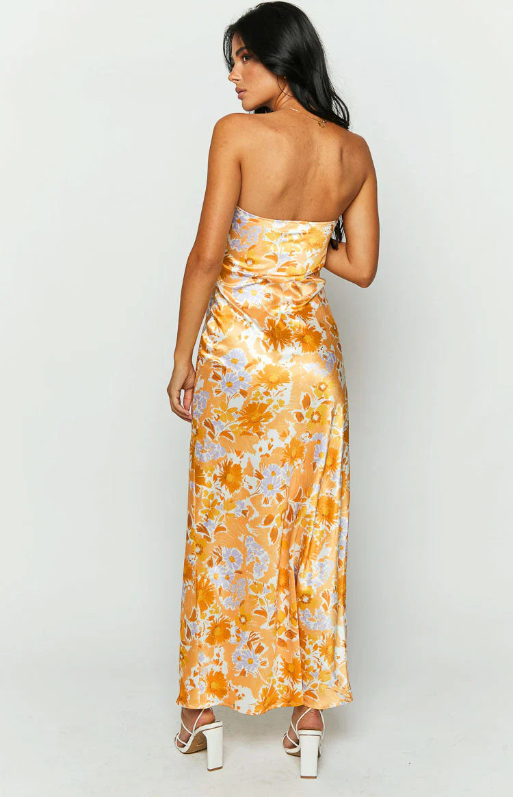 Orange Floral Formal Maxi Dress
