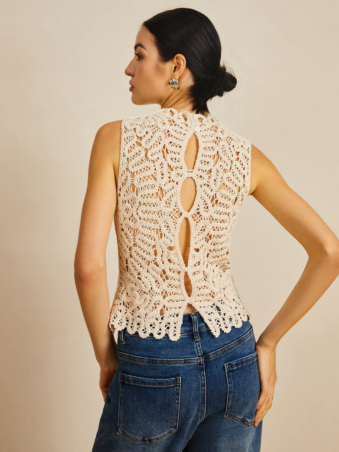 Floral Crocheted Soft Beige Top With Hole Pattern