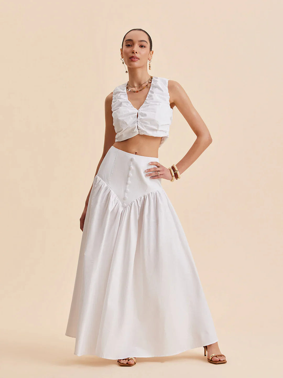 Chic Pleated Crop Top and Chic Buttoned Skirt Set