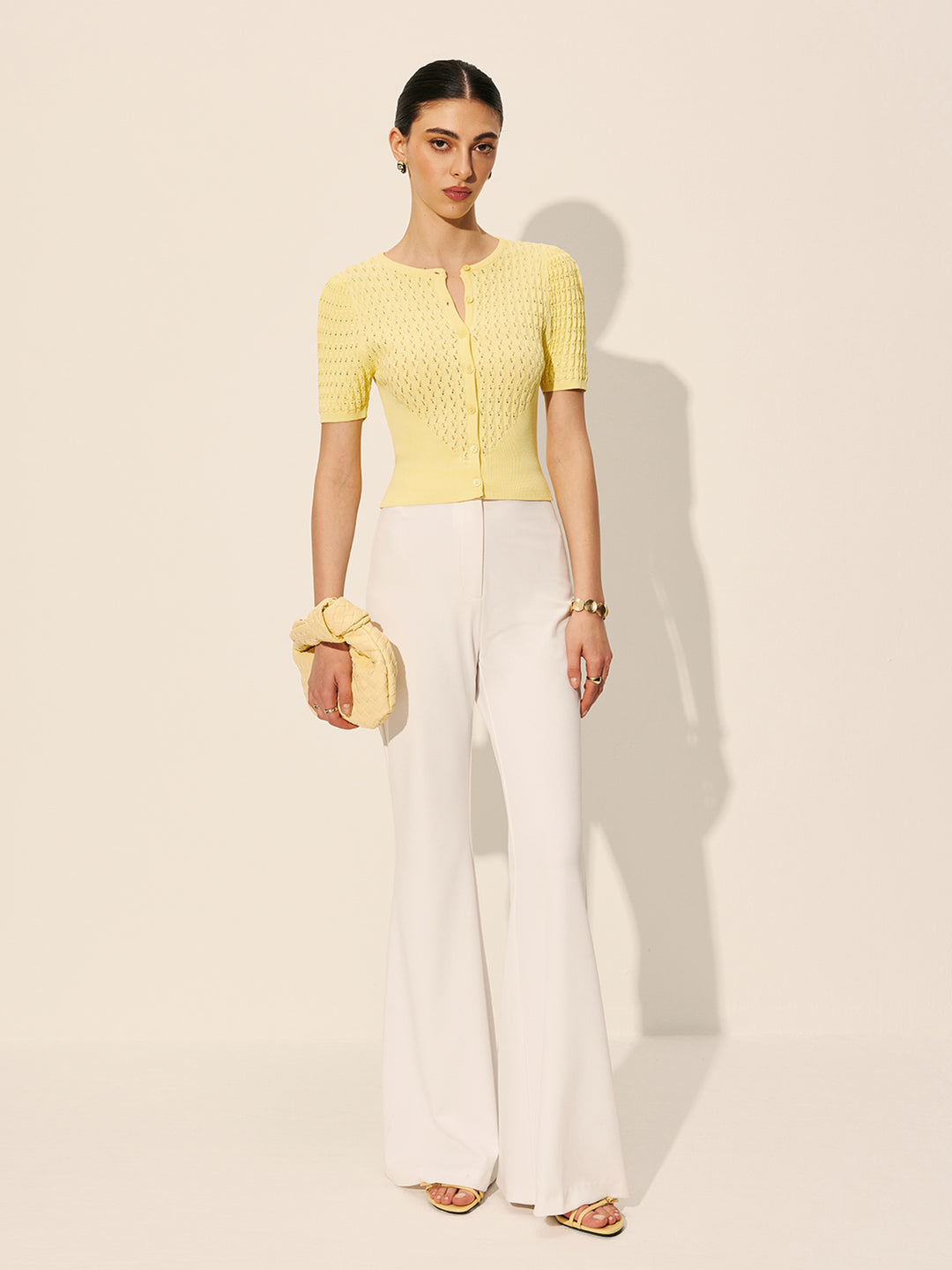 Hollow Knit Yellow Top With Buttons