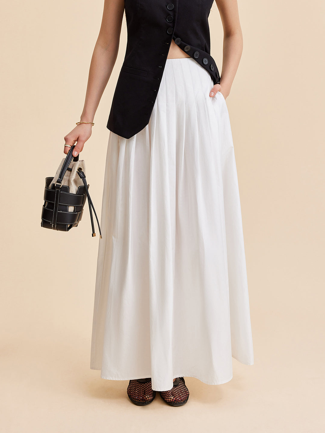 Pleated A-line Cotton White Skirt