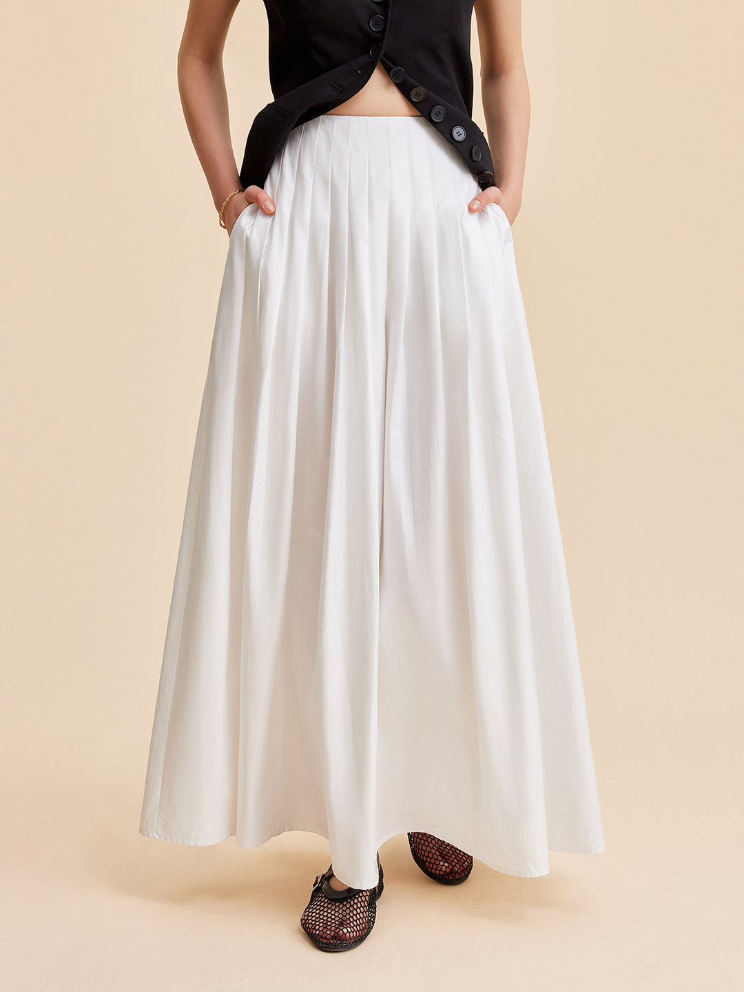 Pleated A-line Cotton White Skirt