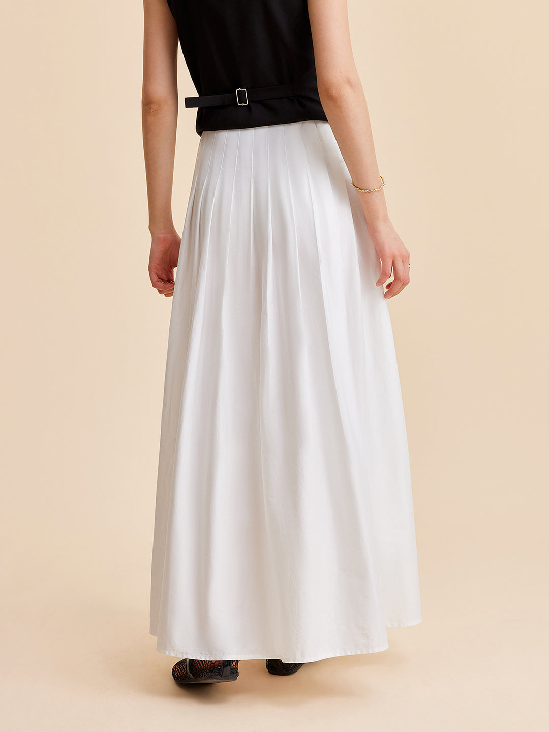 Pleated A-line Cotton White Skirt