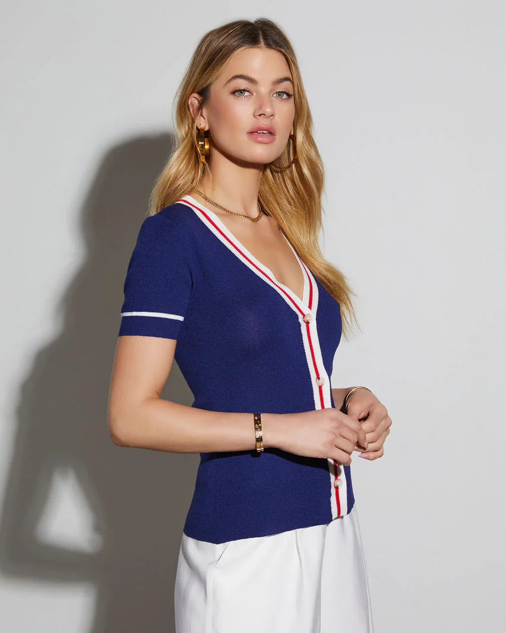 Striped Short Sleeve Button Up Top