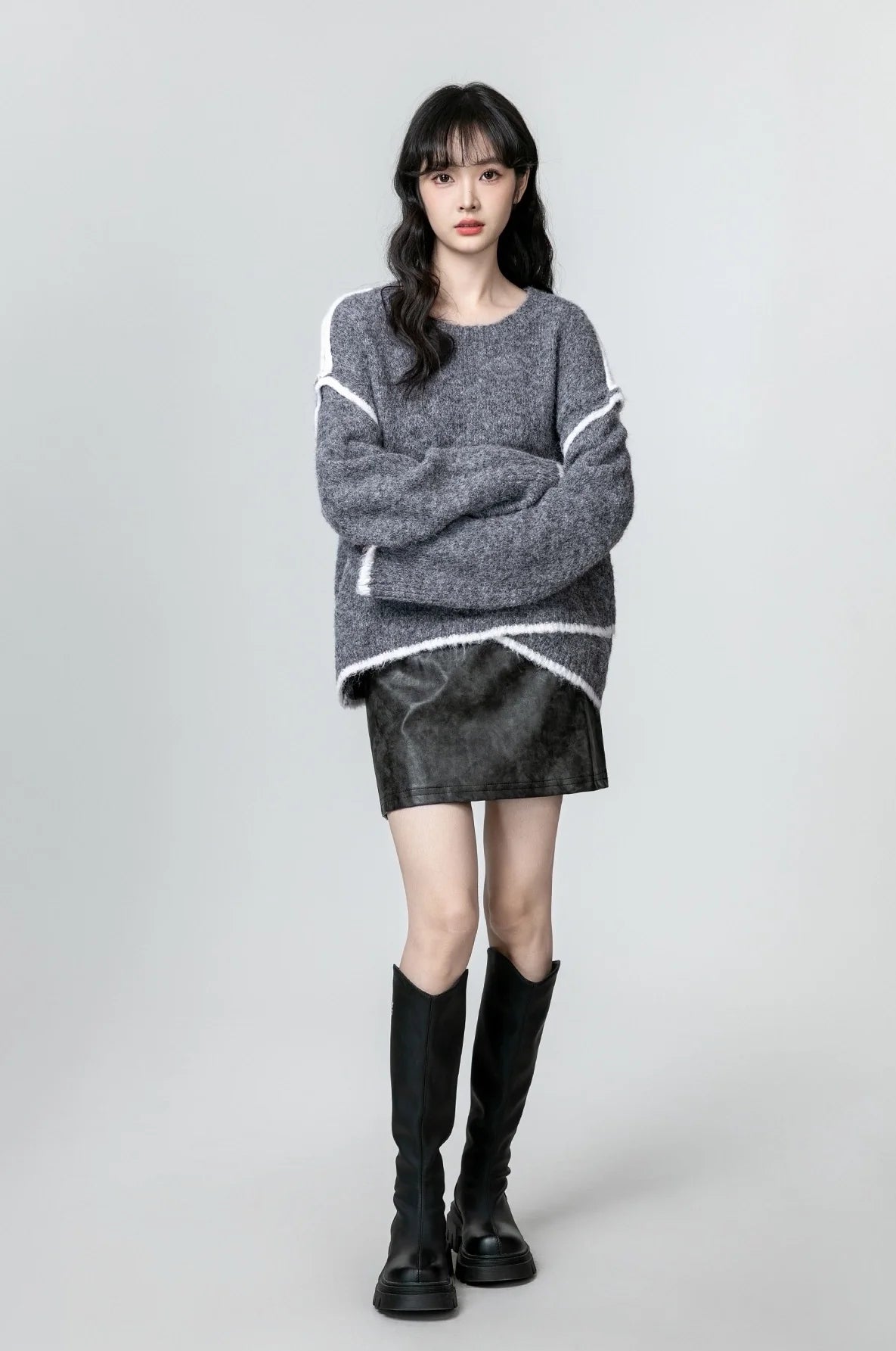 Gray Oversized Colorblock Knit Sweater