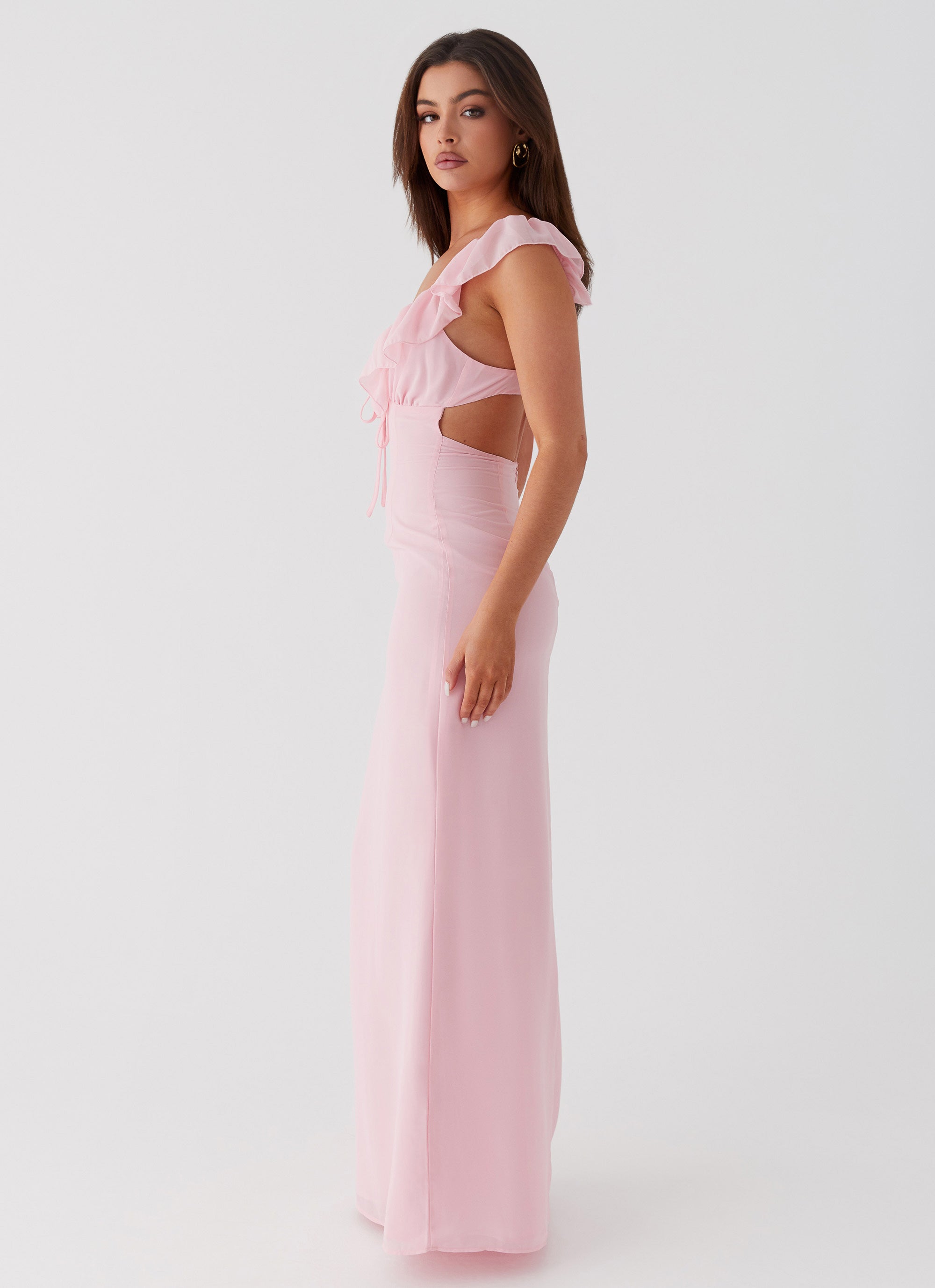 Pink Maxi Dress With Ruffles At The Neckline