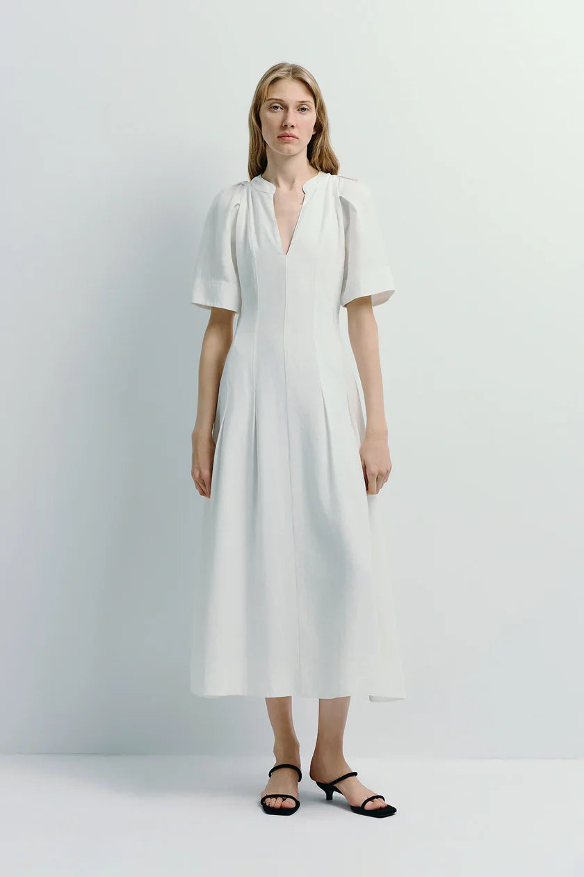 Pleated Sleeve White Maxi Dress