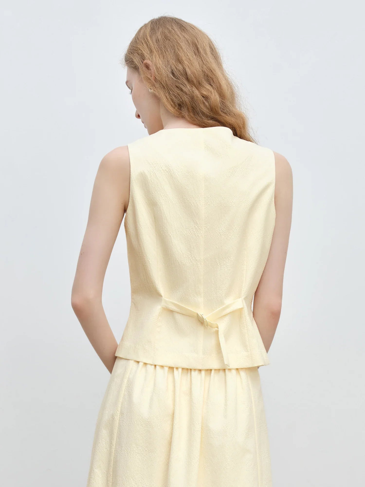 Old Money Style Yellow Vest and Pleated Skirt Set