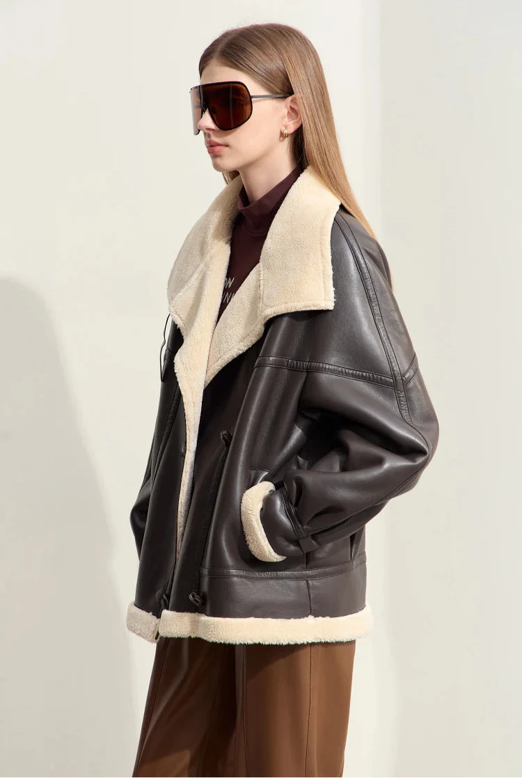 Dark Brown Leather Coat With Beige Fur