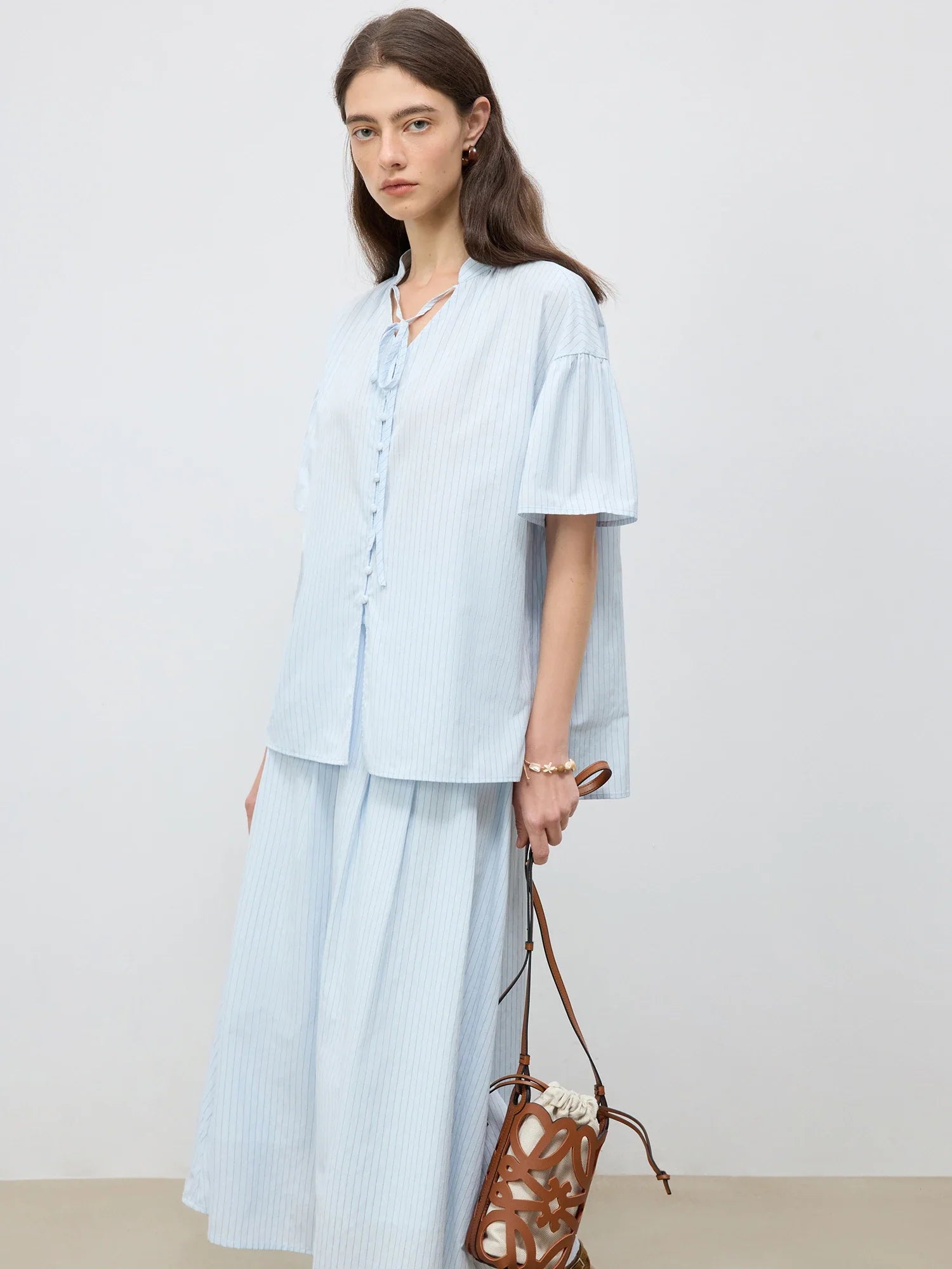 Tailored Stripe Light blue Shirt & Midi Skirt