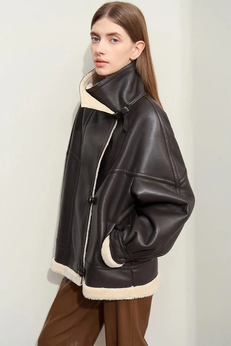 Dark Brown Leather Coat With Beige Fur
