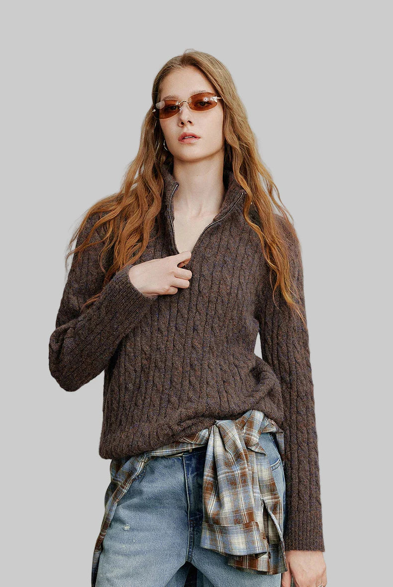 Zipper High Collar Knitted Sweater