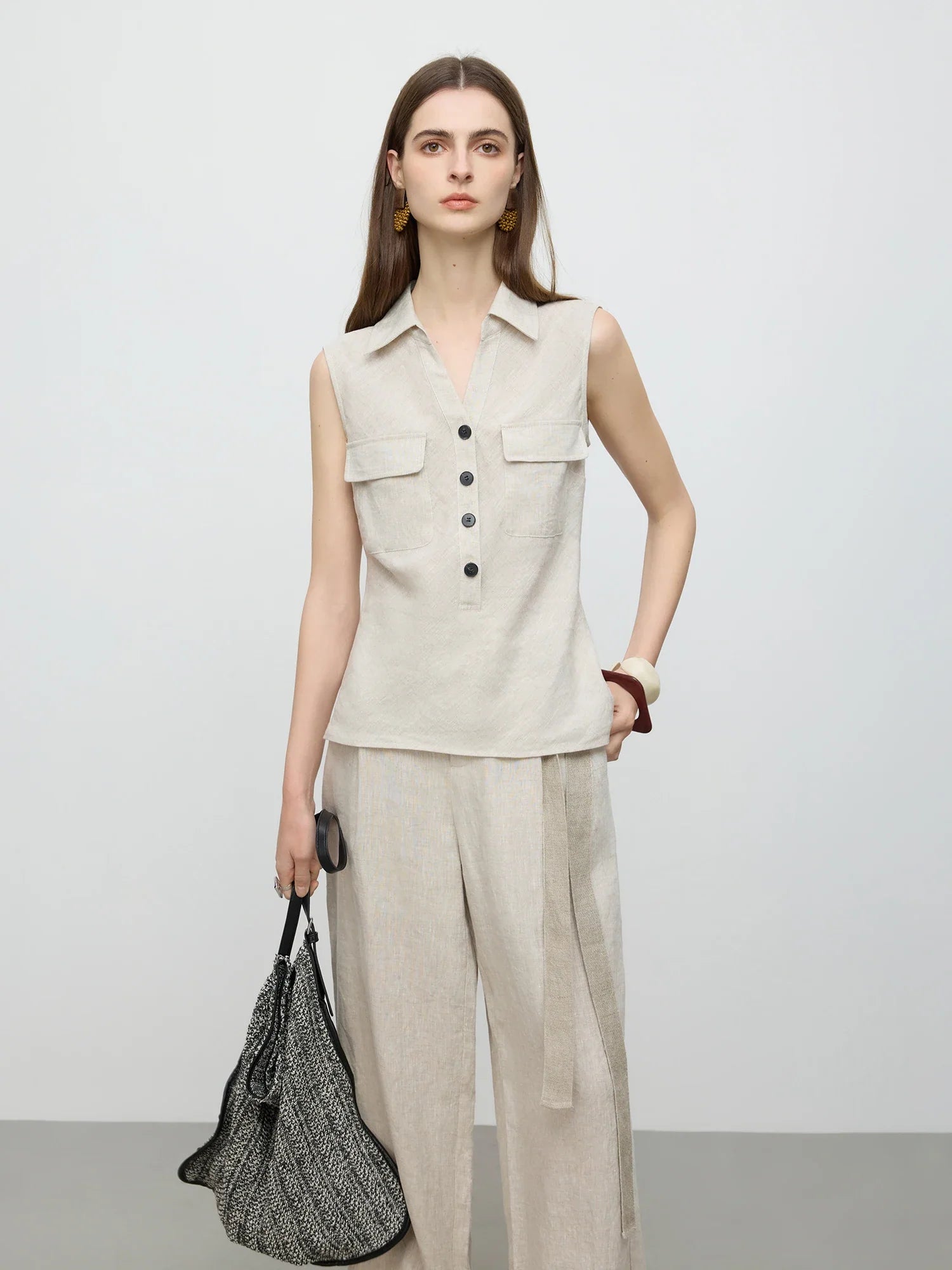 Sleeveless Linen Beige Top and Pants Set