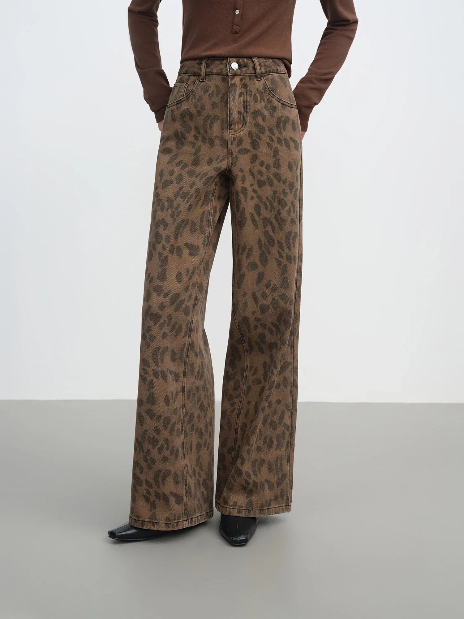 Washed Denim Leopard Pants