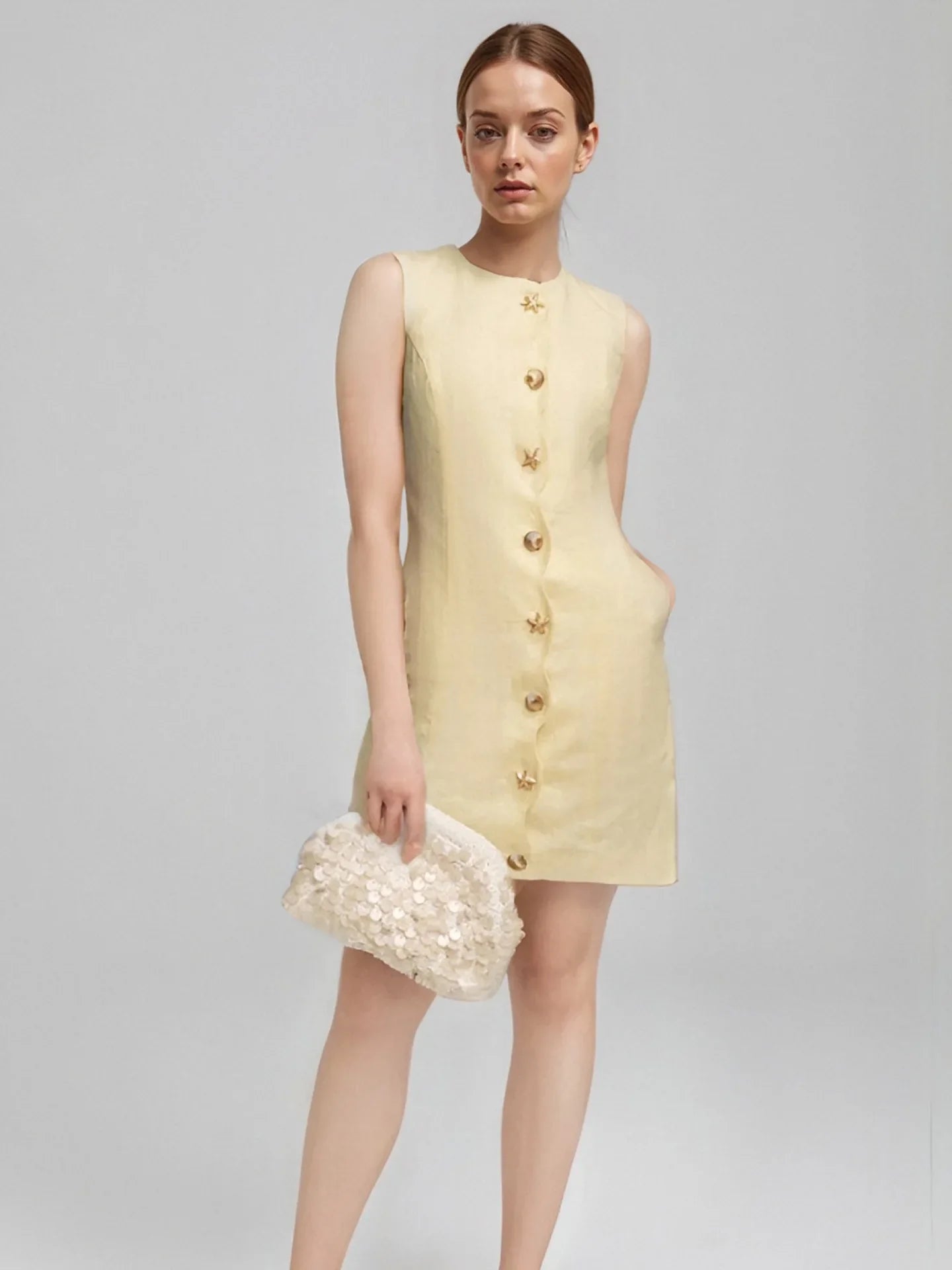 Buttoned Sleeveless Socialite Yellow Mini Dress