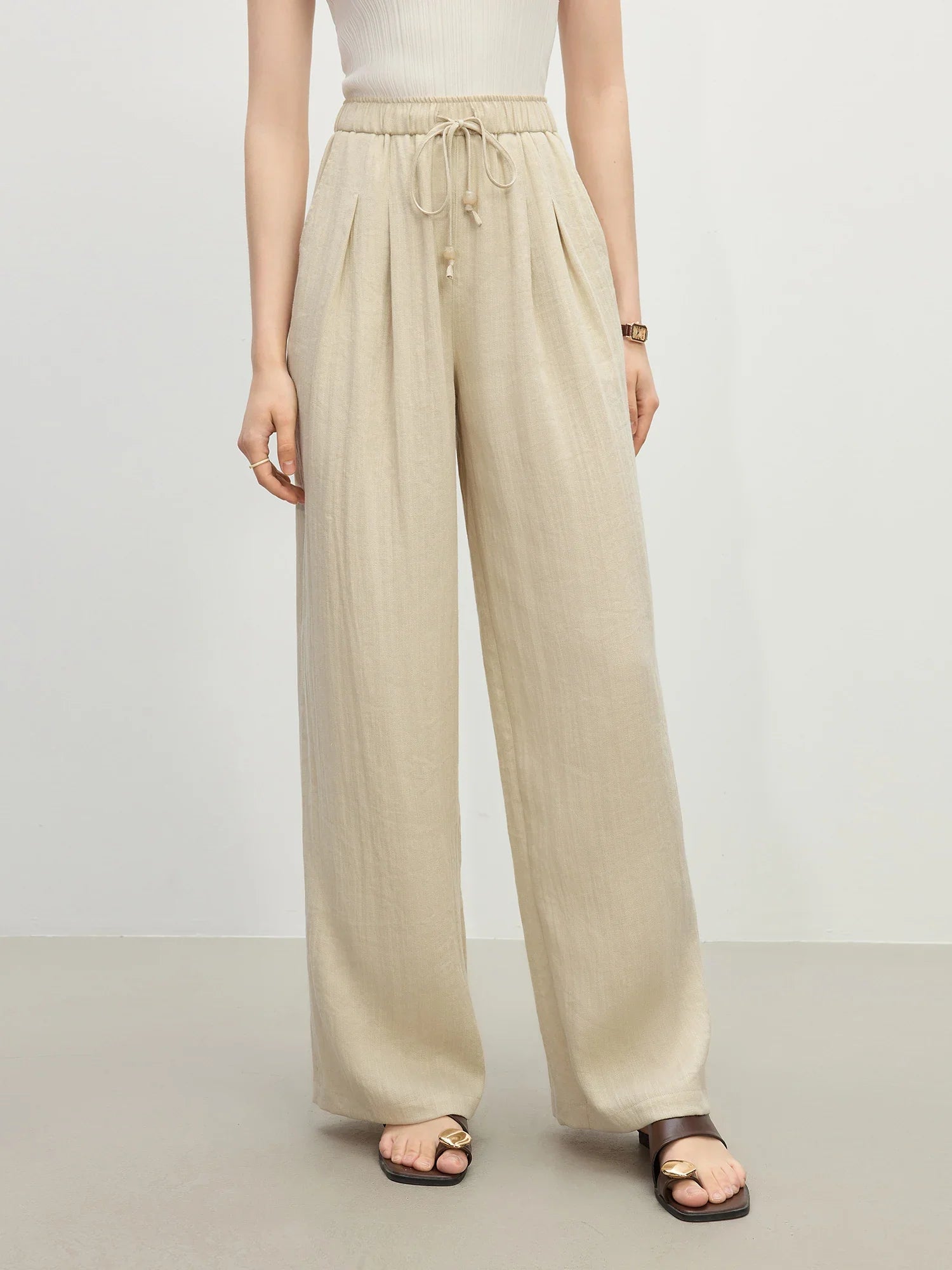 Linen Straight Elastic HIgh Waist Casual Pants