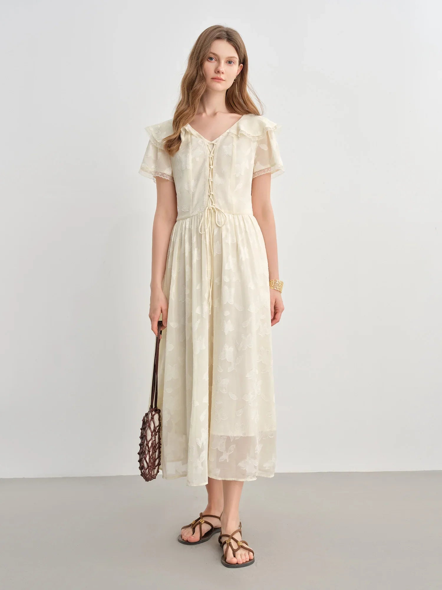Elegant Ruffled Collar Jacquard V-Neck Yellow Midi Dress