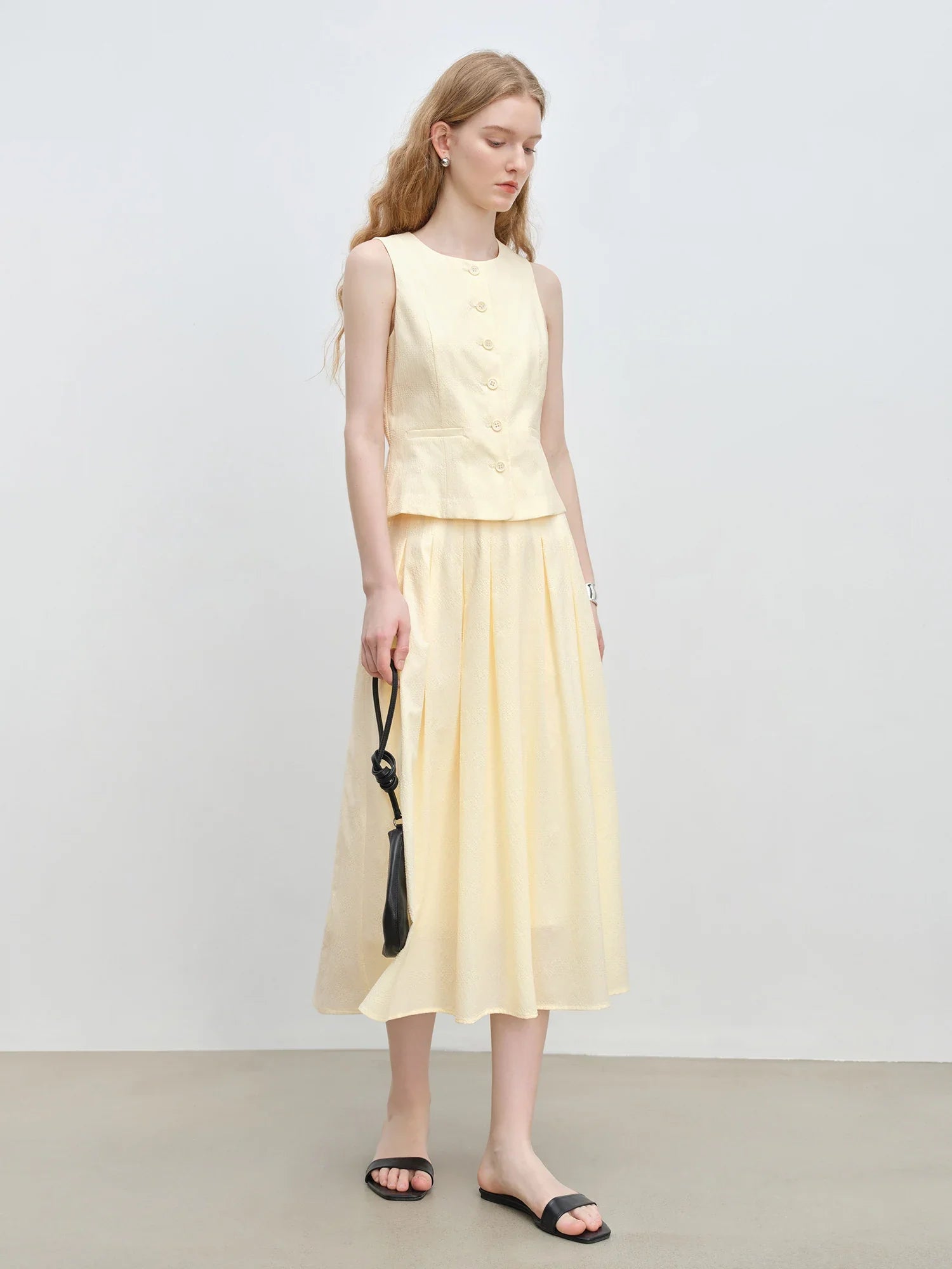 Old Money Style Yellow Vest and Pleated Skirt Set