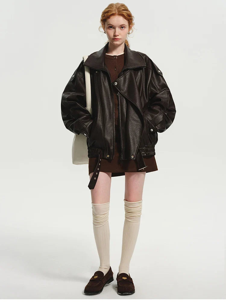 Oversized Dark Brown Leather Jacket