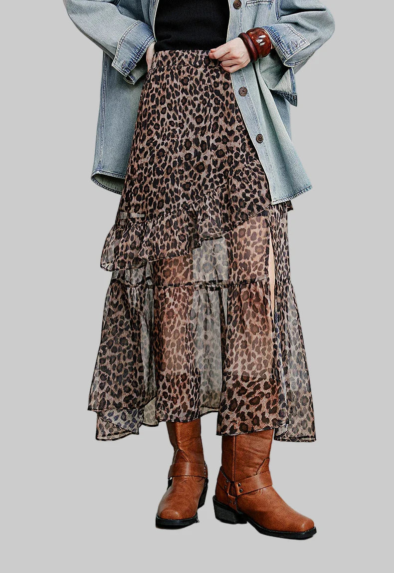 Leopard Printed Open Slit Chiffon Skirt