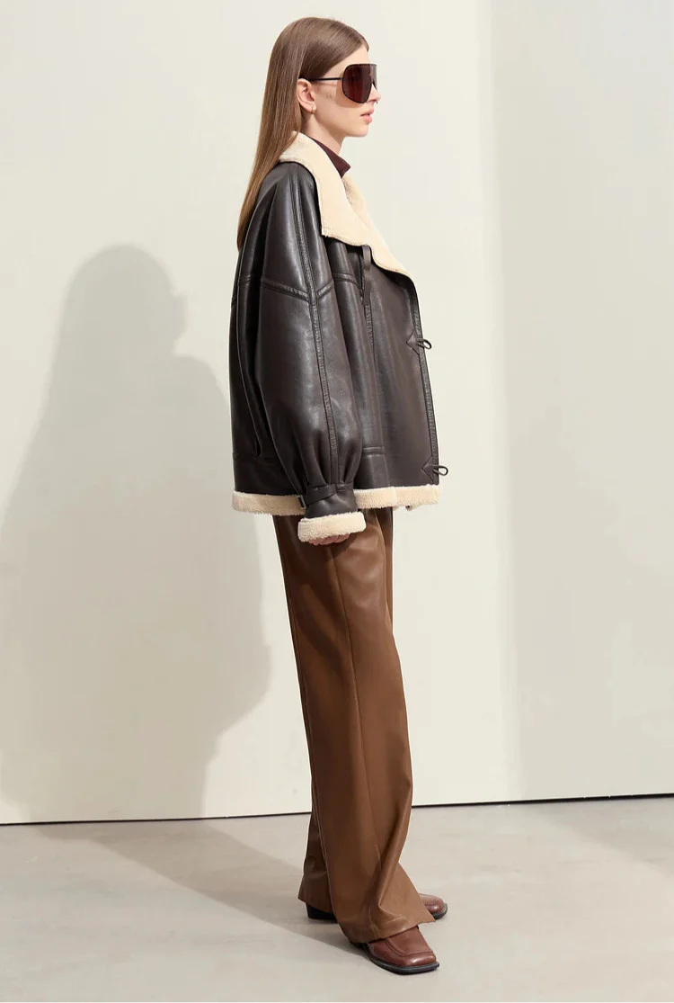 Dark Brown Leather Coat With Beige Fur