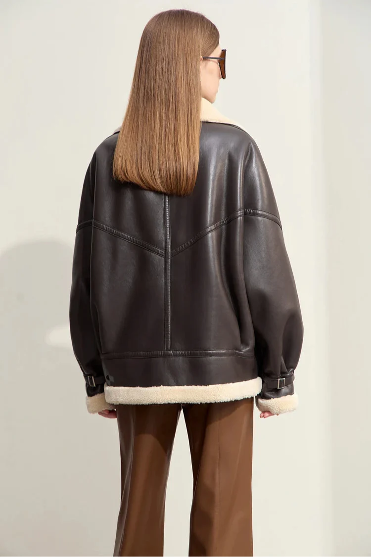 Dark Brown Leather Coat With Beige Fur