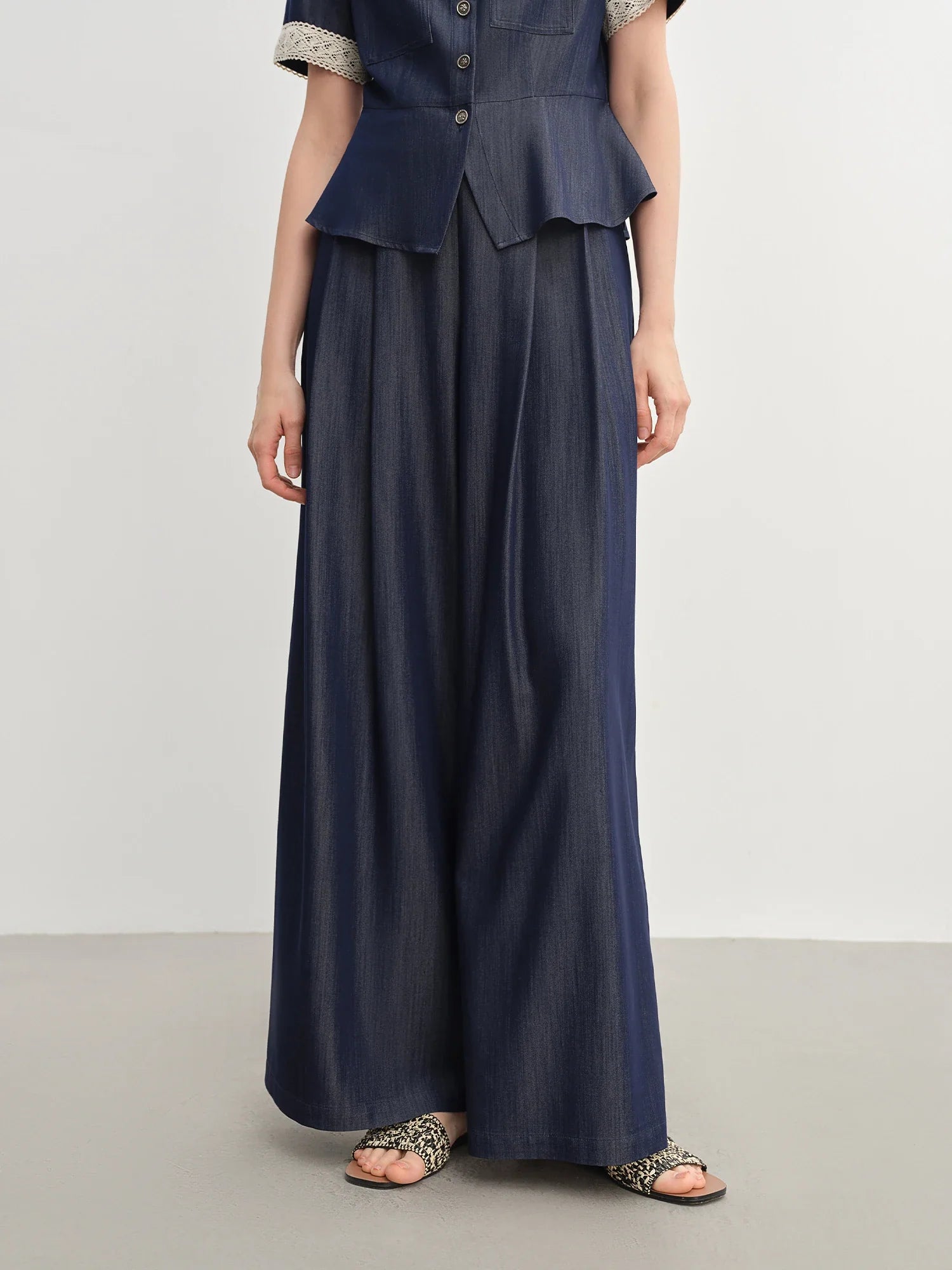 Square Neck Dark Blue Blouse and Relaxed Wide-Leg Trousers Set
