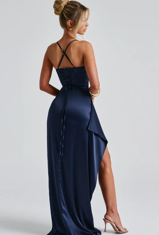 Maxi Satin Dress With Straps In Dark Blue