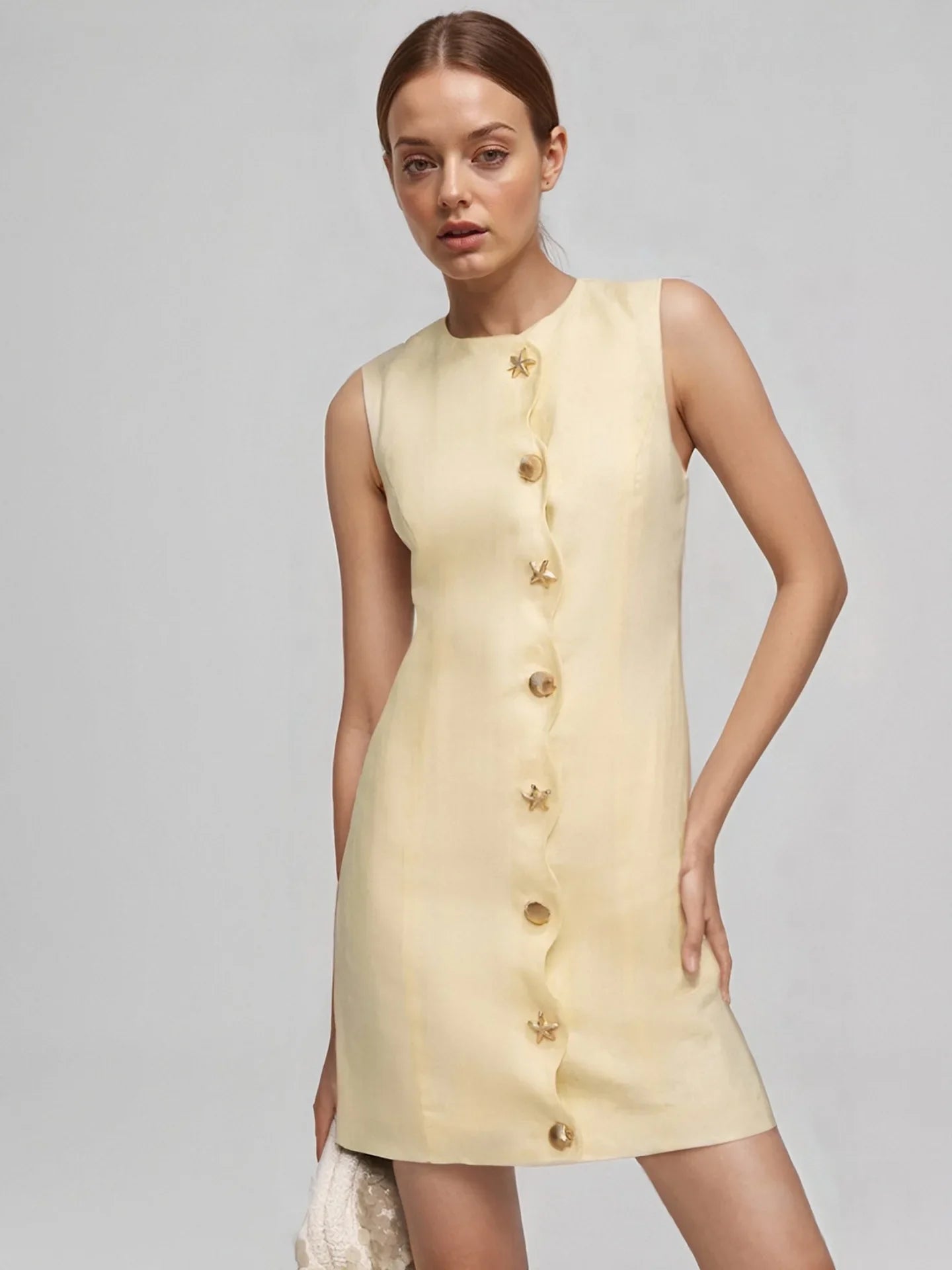 Buttoned Sleeveless Socialite Yellow Mini Dress