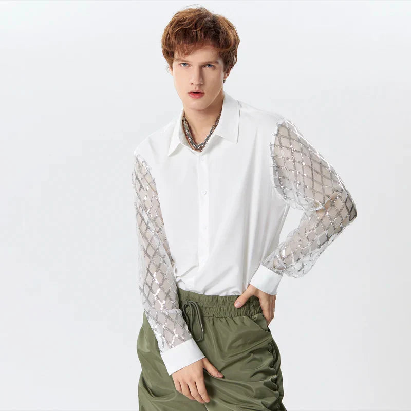 Mesh Patchwork Sequins Shiny Shirt