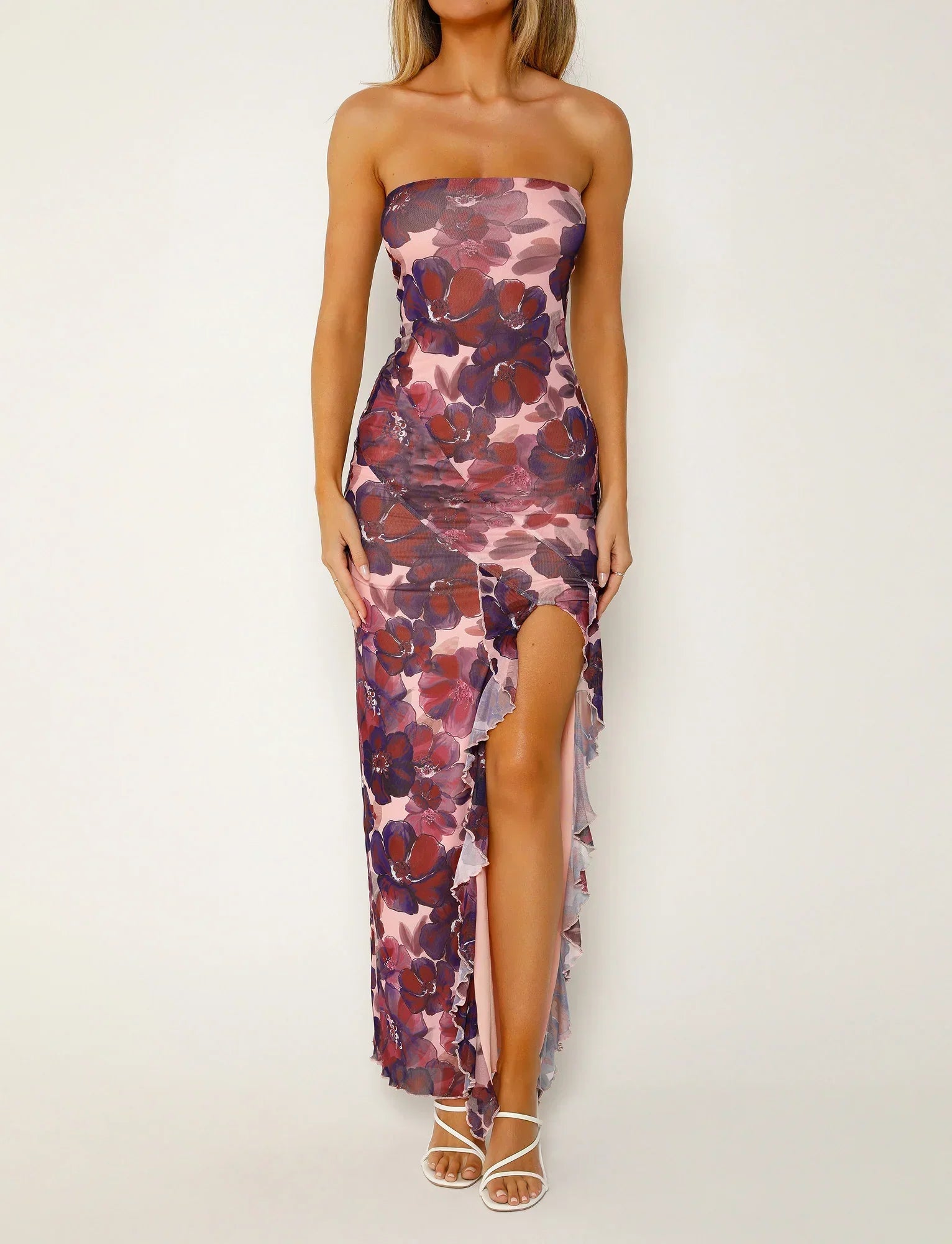 Strapless maxi dress with floral print