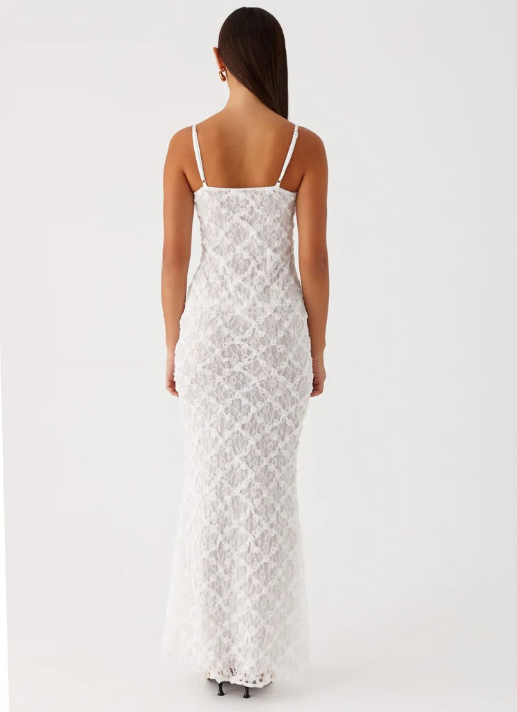 Floral Textured Lace White Maxi Dress