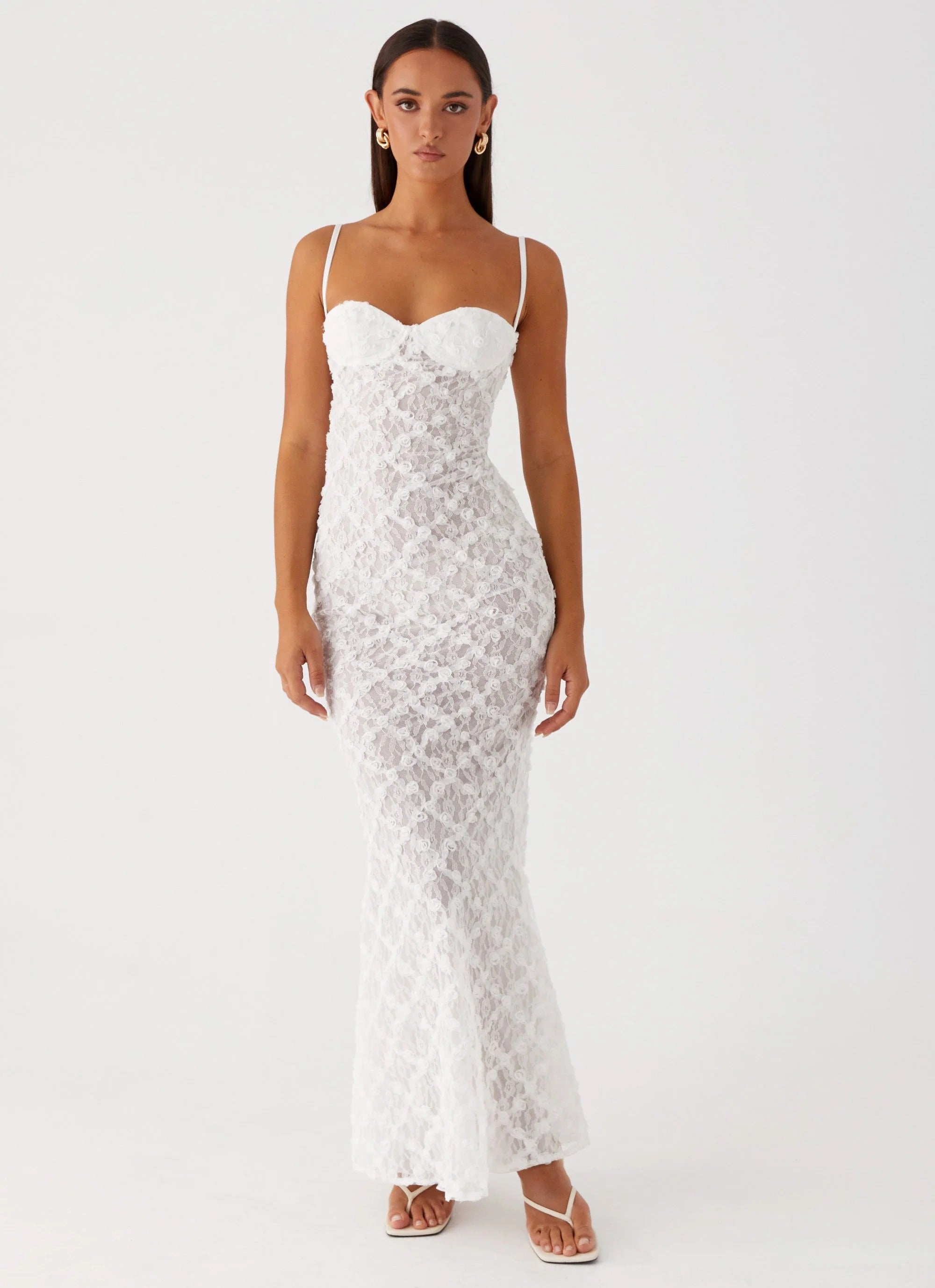 Floral Textured Lace White Maxi Dress