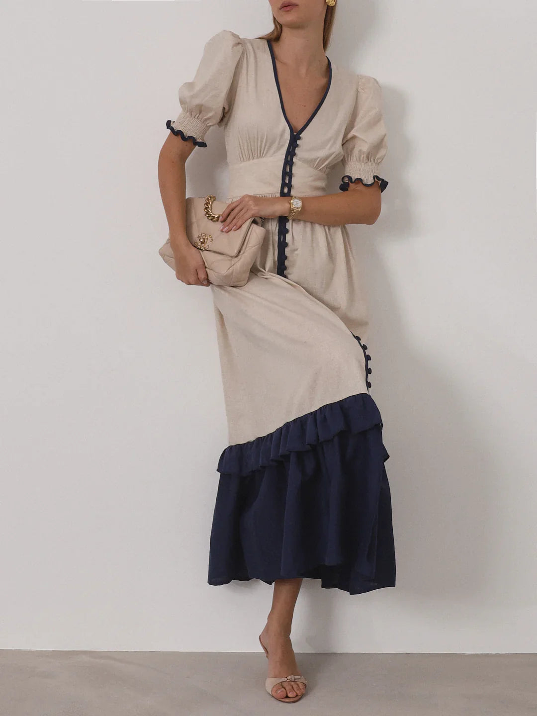 Contemporary Contrast Linen Maxi Dress