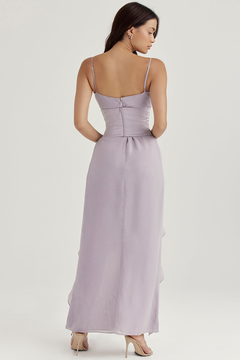 Gray satin underbust corset with flowy maxi dress